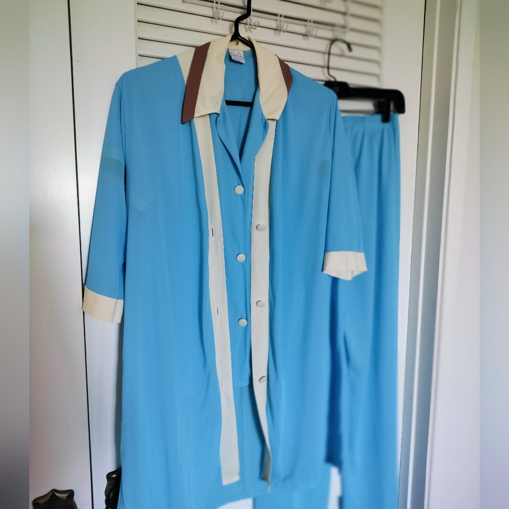 Vintage 1950s Gaymode JCPenney Robe, Top & Pants 3 piece Pajama Set Blue